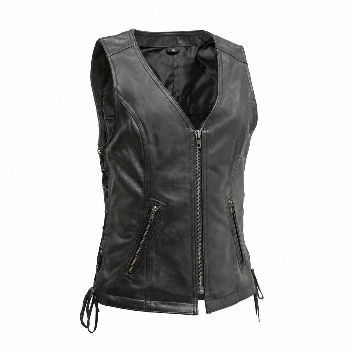Cindy women's black sheepskin leather motorcycle vest front view