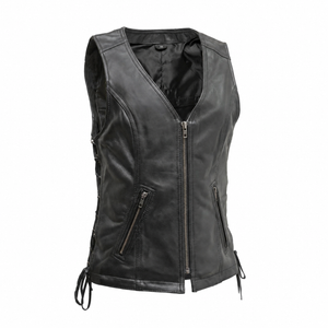 Cindy women's black sheepskin leather motorcycle vest front view