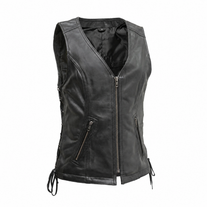 Cindy women's black sheepskin leather motorcycle vest front view