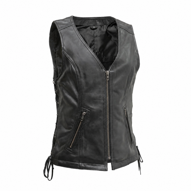 Cindy women's black sheepskin leather motorcycle vest front view