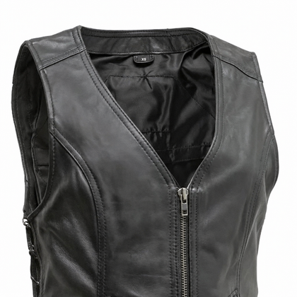 Deep V-neck and satin lining detail on the Cindy women's sheepskin vest