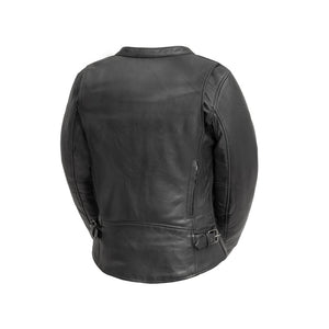 Competition Ladies black leather motorcycle jacket back view with adjustable side tabs