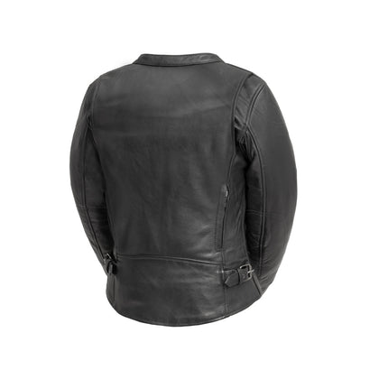 Competition Ladies black leather motorcycle jacket back view with adjustable side tabs