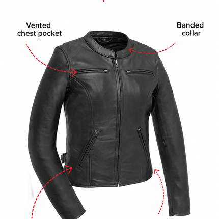 Competition Ladies leather jacket feature guide showing vented pockets banded collar and side tabs