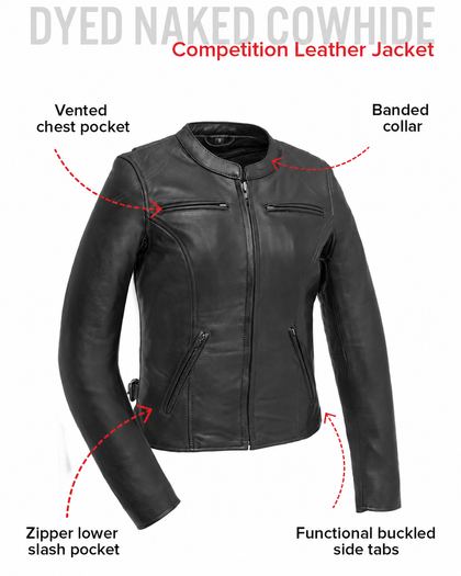 Competition Ladies leather jacket feature guide showing vented pockets banded collar and side tabs