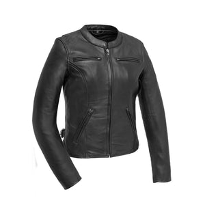 Competition Ladies black leather motorcycle jacket front view
