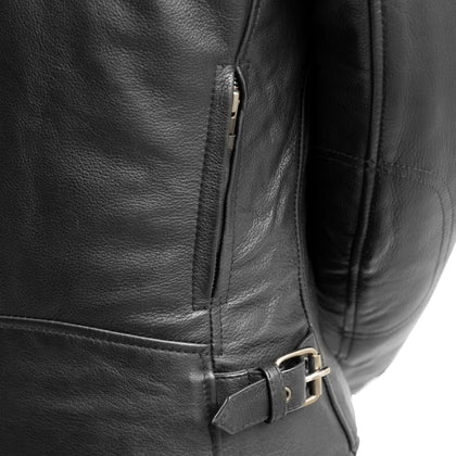Competition Ladies leather jacket adjustable waist tab and rear zipper vent detail