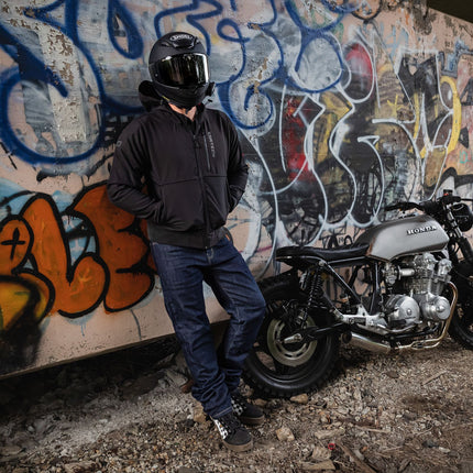 Cortech Meta Hoodie in Black, full-length fit on rider