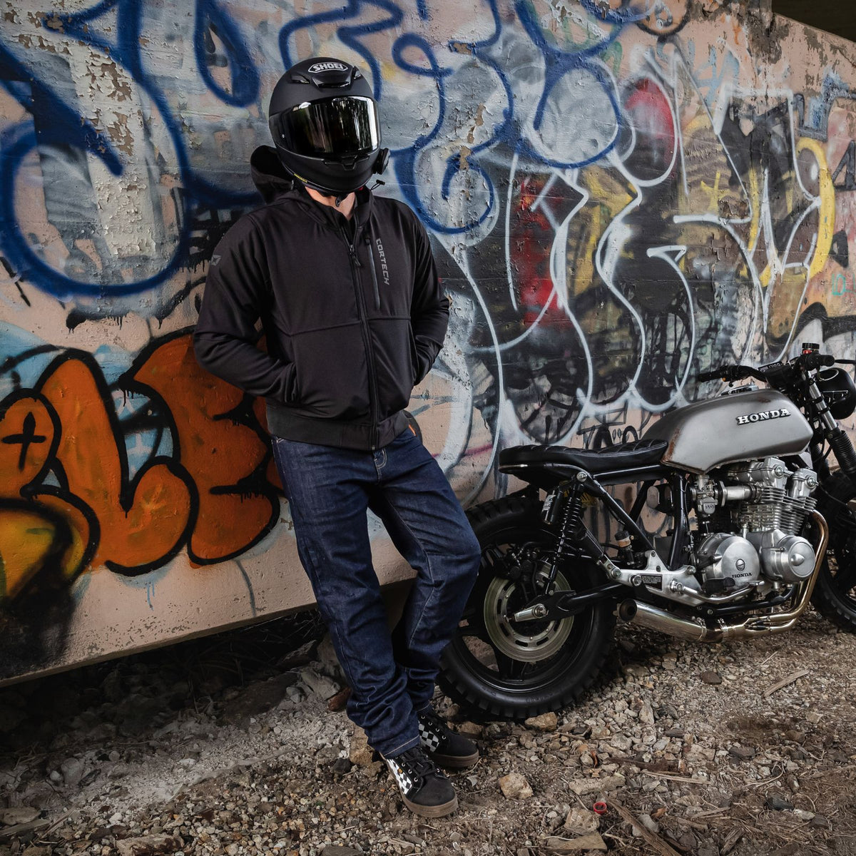Cortech Meta Hoodie in Black, full-length fit on rider