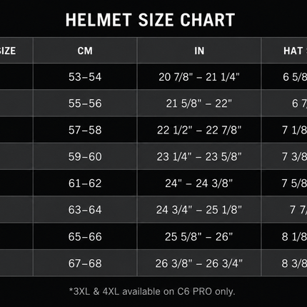 Daytona C6 Pro Modular Helmet size chart from X Small through 4X Large