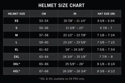 Daytona C6 Pro Modular Helmet size chart from X Small through 4X Large