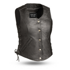 Eagle Honey Badger women's black leather vest front view with Gear for the Ride label
