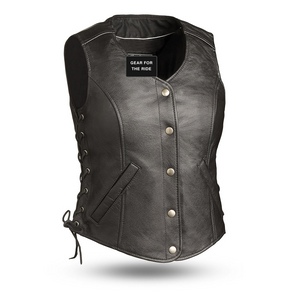 Eagle Honey Badger women's black leather vest front view with Gear for the Ride label
