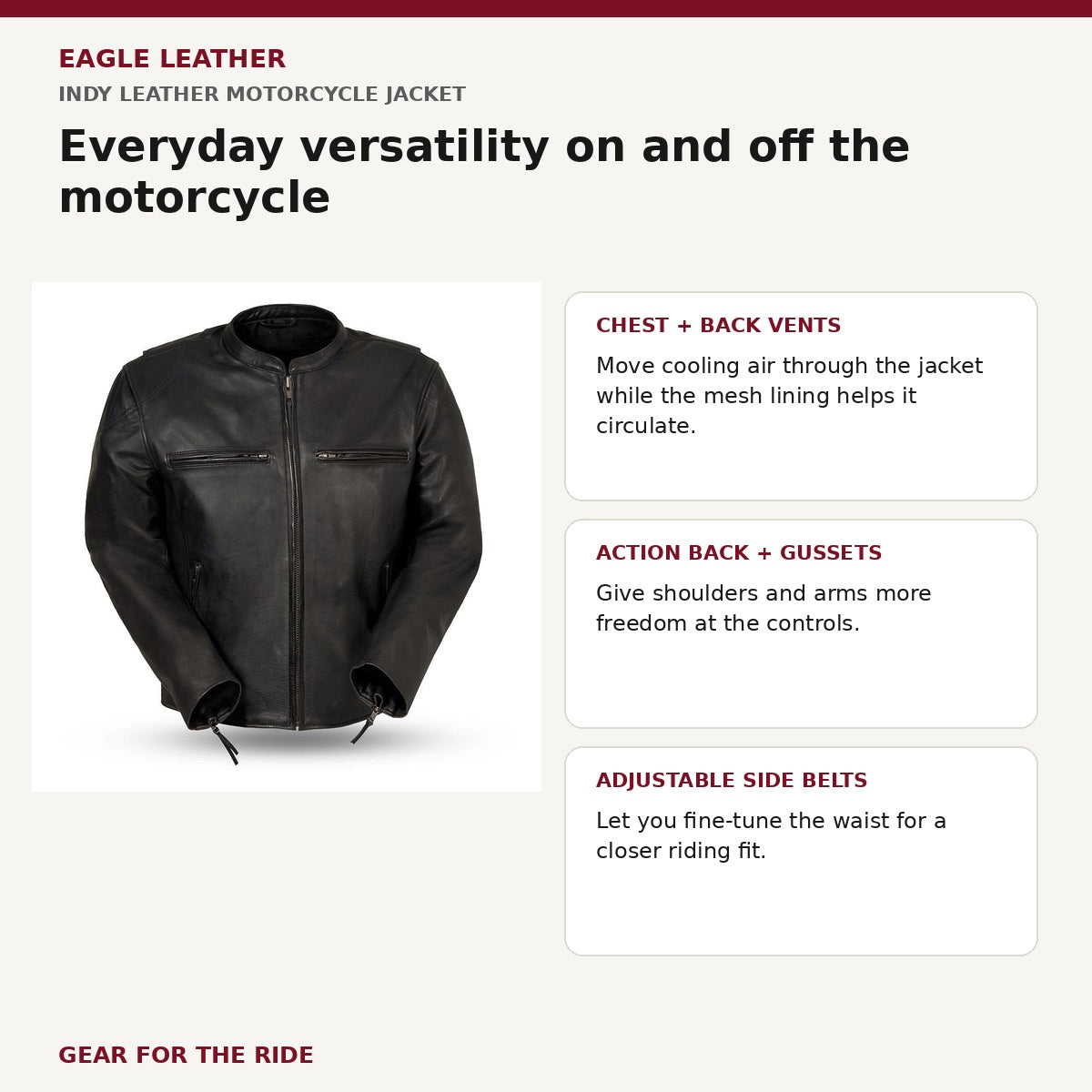 Eagle Leather Indy jacket feature and benefit overview for chest and back vents, action back, gussets and side belts