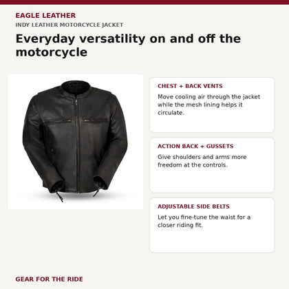 Eagle Leather Indy jacket feature and benefit overview for chest and back vents, action back, gussets and side belts
