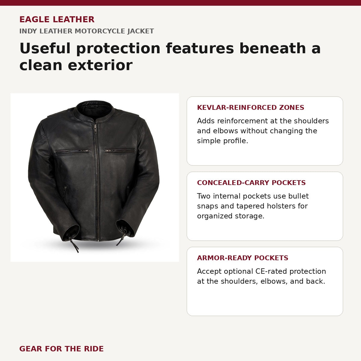 Eagle Leather Indy jacket feature and benefit overview for Kevlar reinforcements, concealed-carry pockets and armor-ready pockets