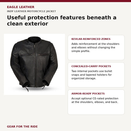 Eagle Leather Indy jacket feature and benefit overview for Kevlar reinforcements, concealed-carry pockets and armor-ready pockets