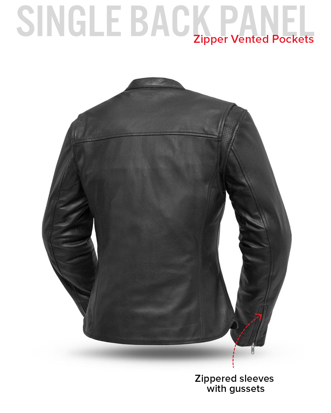 Eagle Ladies Roxy jacket back feature guide showing back panel and sleeve gussets