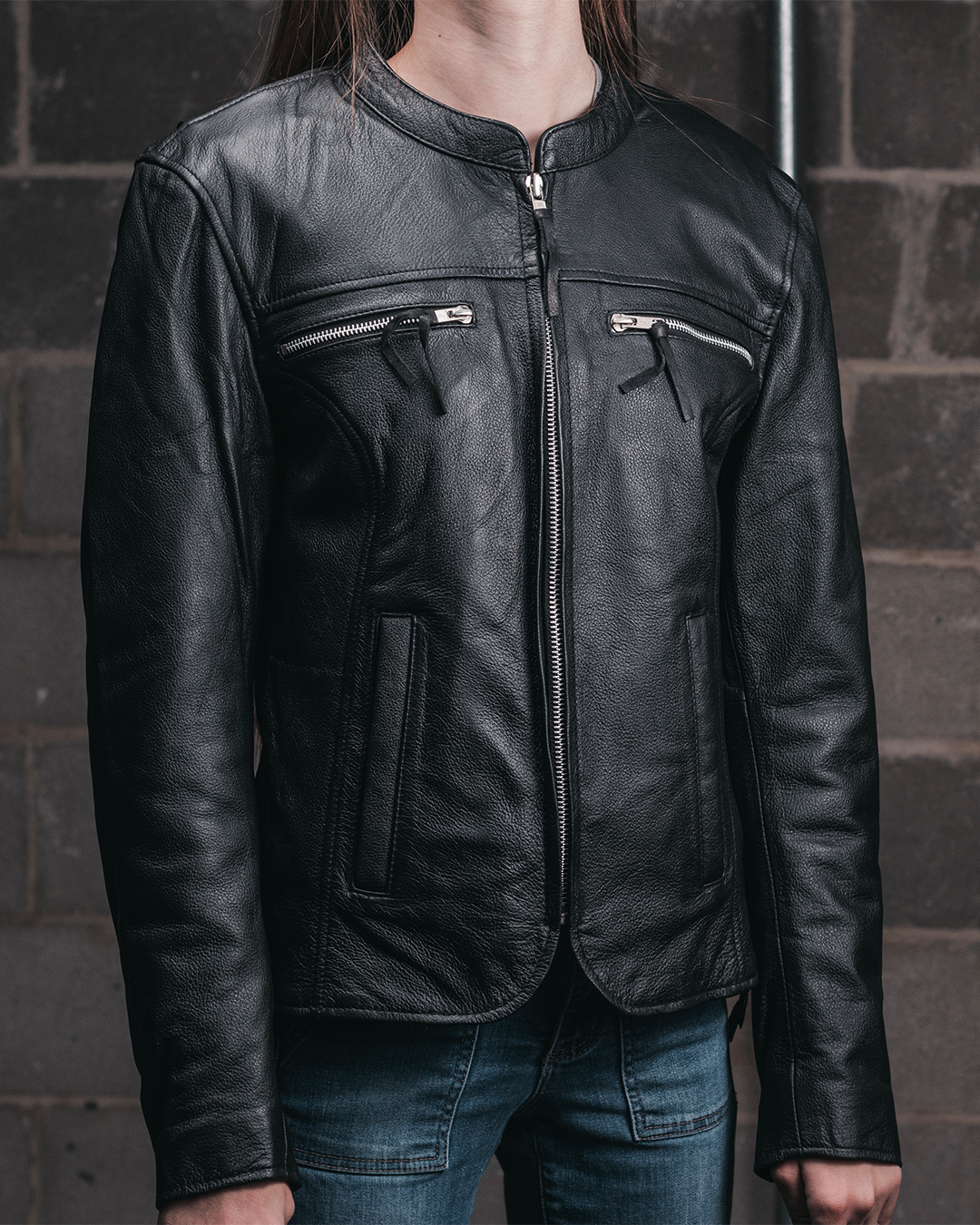 Eagle Ladies Roxy black leather motorcycle jacket worn front view