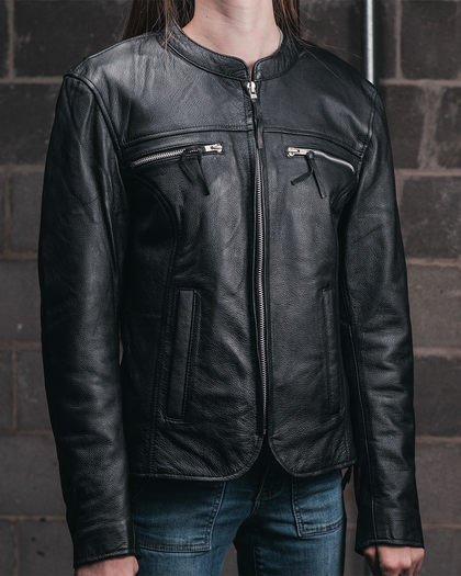 Eagle Ladies Roxy black leather motorcycle jacket worn front view
