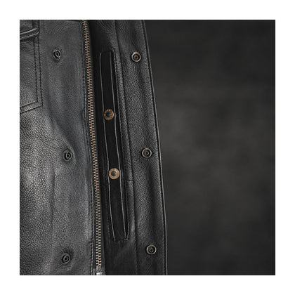 Sharp Shooter covered center zipper and snap closure detail