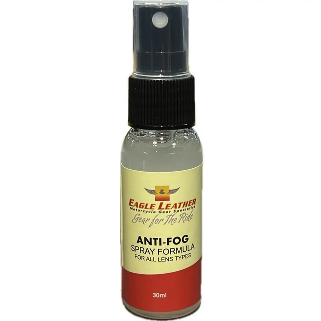 Eagle Leather anti-fog spray formula bottle, 30ml, for motorcycle helmet visors and all lens types.