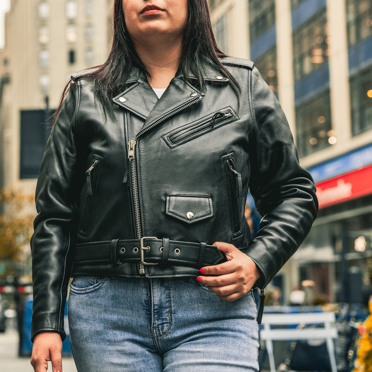 Woman wearing the Eagle Leather Bikerlicious black leather motorcycle jacket