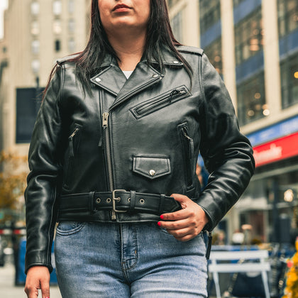 Woman wearing the Eagle Leather Bikerlicious black leather motorcycle jacket