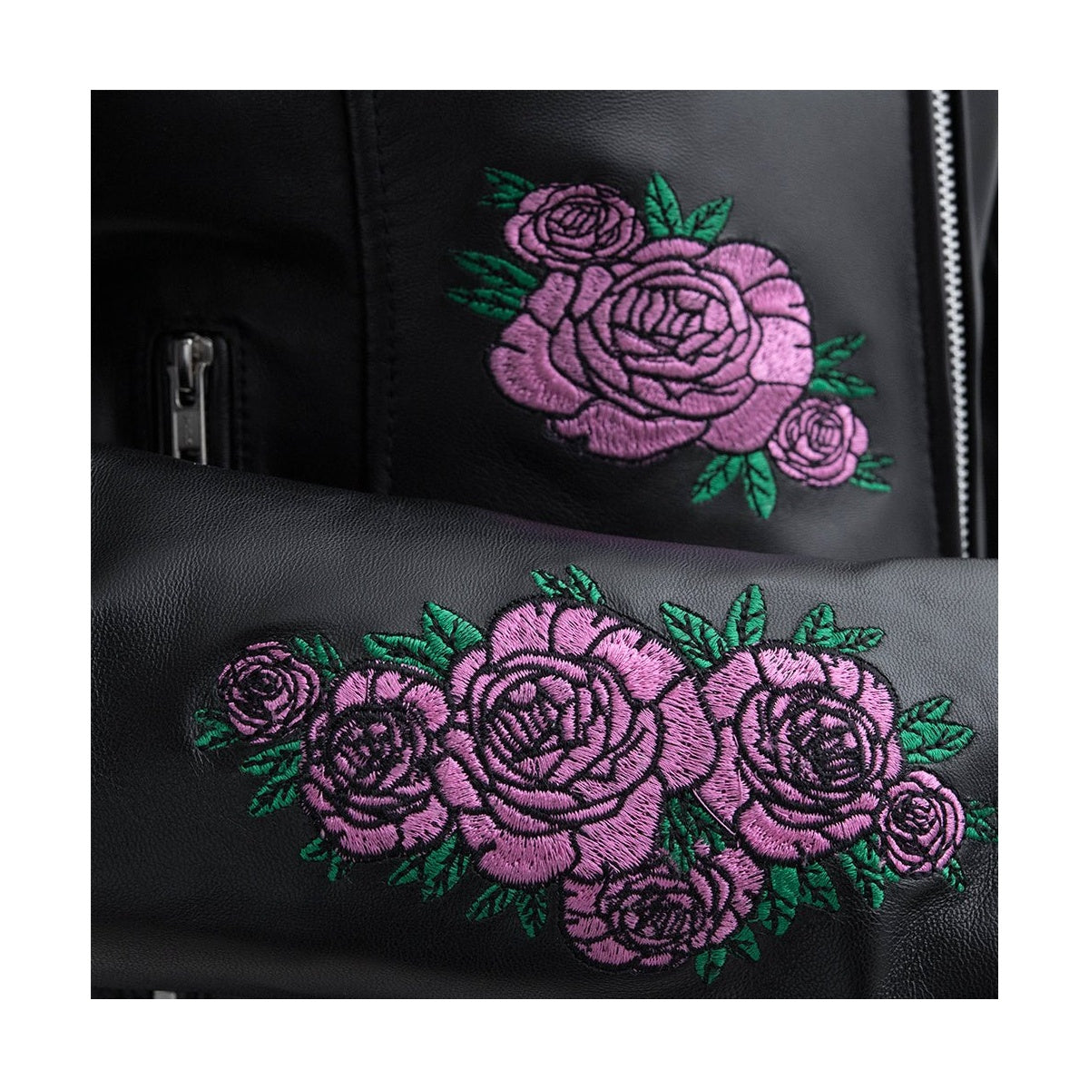 Women’s Bloom leather jacket pink rose embroidery detail