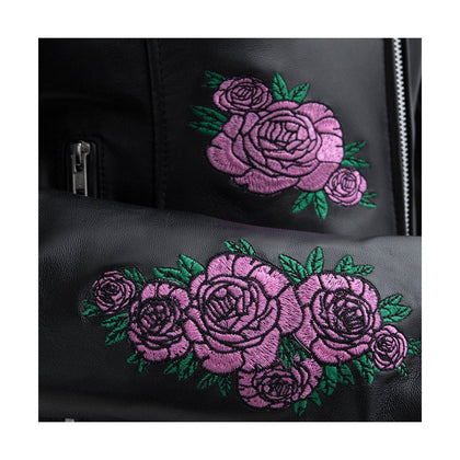 Women’s Bloom leather jacket pink rose embroidery detail