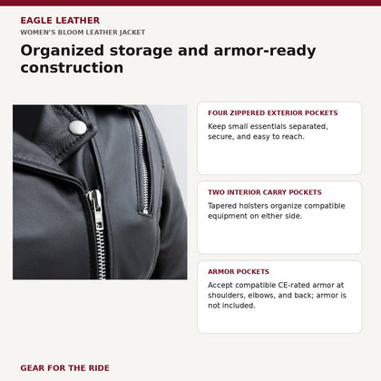 Women’s Bloom leather jacket storage and armor pocket features