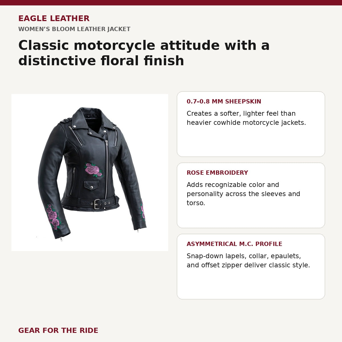 Women’s Bloom leather jacket style leather and embroidery benefits