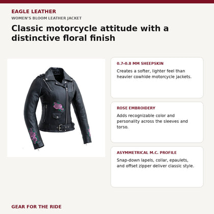 Women’s Bloom leather jacket style leather and embroidery benefits