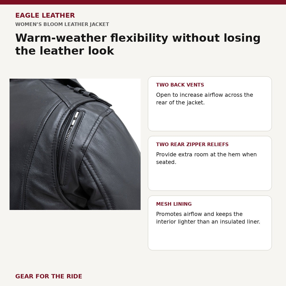 Women’s Bloom leather jacket venting mobility and mesh lining features