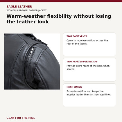 Women’s Bloom leather jacket venting mobility and mesh lining features