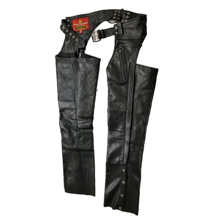 Flat lay of Eagle Leather Brandon Chaps Tall showing buckle waist, lace back adjustments, inner thigh panels, and outer leg zippers with snaps.