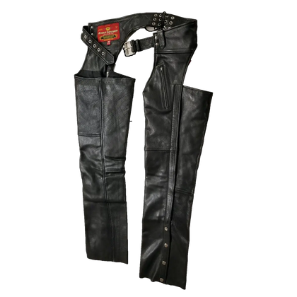 Flat lay of Eagle Leather Brandon Chaps Tall showing buckle waist, lace back adjustments, inner thigh panels, and outer leg zippers with snaps.