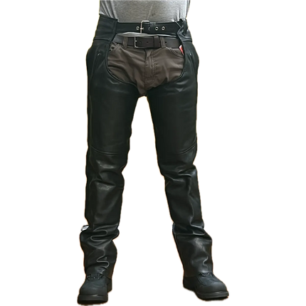 Front view of Eagle Leather Brandon Chaps Tall in 1.1–1.2 mm cowhide with YKK zippers, buckle waist, and removable insulated lining.