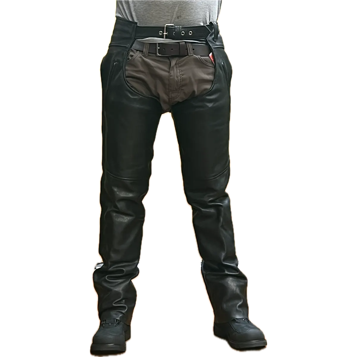 Front view of Eagle Leather Brandon Chaps Tall in 1.1–1.2 mm cowhide with YKK zippers, buckle waist, and removable insulated lining.