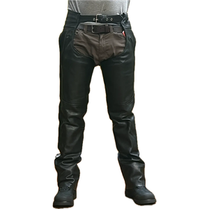 Front view of Eagle Leather Brandon Chaps Tall in 1.1–1.2 mm cowhide with YKK zippers, buckle waist, and removable insulated lining.