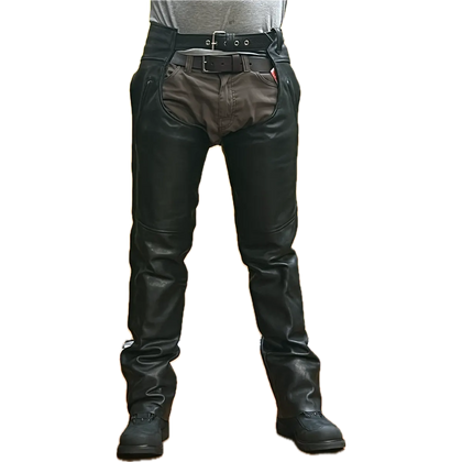 Front view of Eagle Leather Brandon Chaps Tall in 1.1–1.2 mm cowhide with YKK zippers, buckle waist, and removable insulated lining.