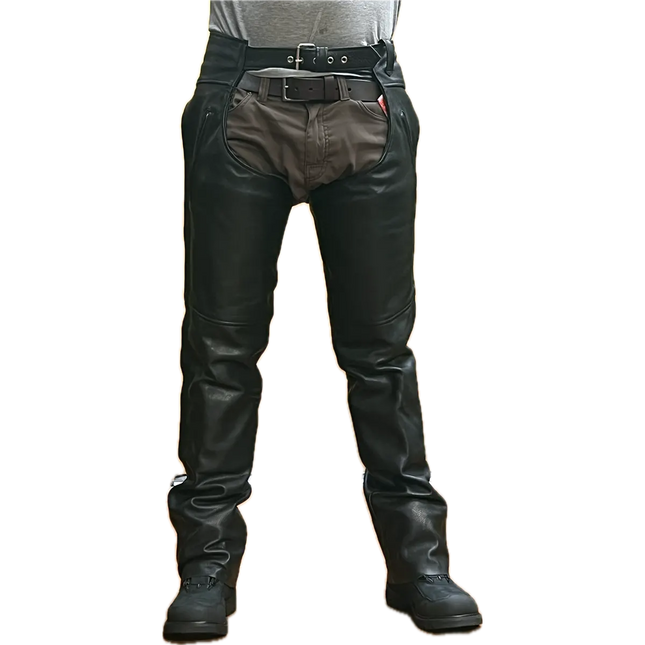 Front view of Eagle Leather Brandon Chaps Tall in 1.1–1.2 mm cowhide with YKK zippers, buckle waist, and removable insulated lining.