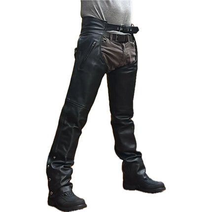 Eagle Leather Brandon Chaps Tall, 45-degree left view showing full-grain cowhide construction without stretch panels.