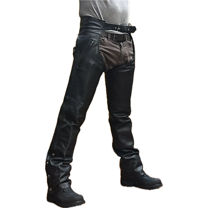 Eagle Leather Brandon Chaps Tall, 45-degree left view showing full-grain cowhide construction without stretch panels.