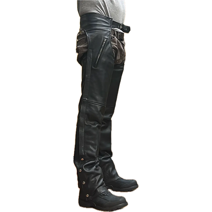 Eagle Leather Brandon Chaps Tall made from 1.1–1.2 mm cowhide with YKK side zippers, four-snap bottom closure, buckle waist, and removable insulated lining.