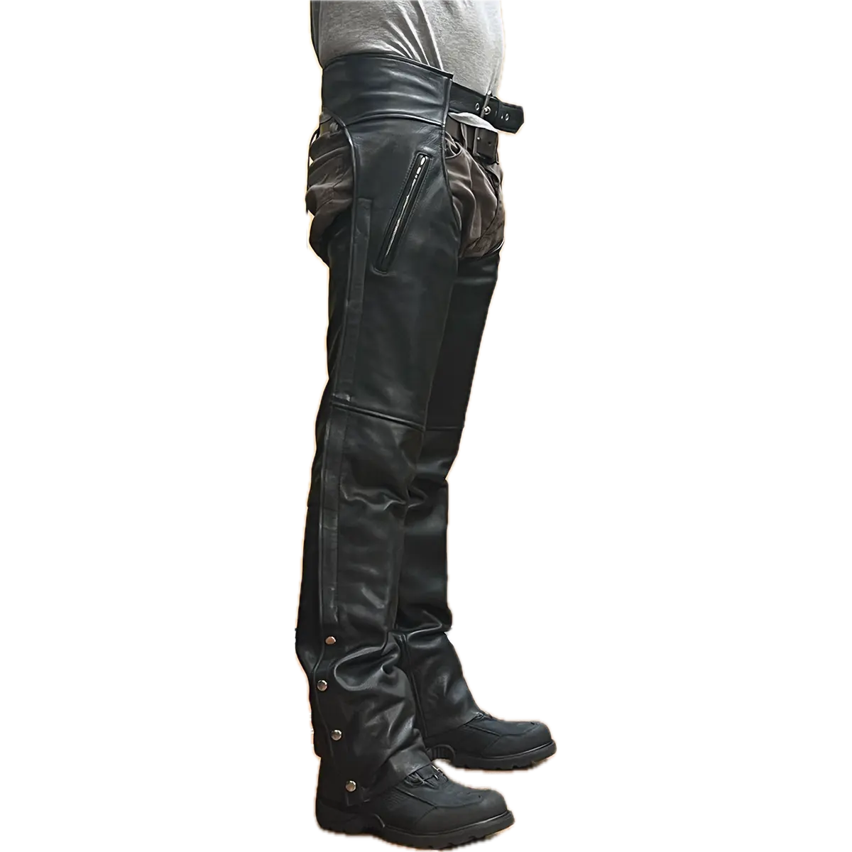 Eagle Leather Brandon Chaps Tall made from 1.1–1.2 mm cowhide with YKK side zippers, four-snap bottom closure, buckle waist, and removable insulated lining.