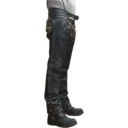 Eagle Leather Brandon Chaps Tall made from 1.1–1.2 mm cowhide with YKK side zippers, four-snap bottom closure, buckle waist, and removable insulated lining.