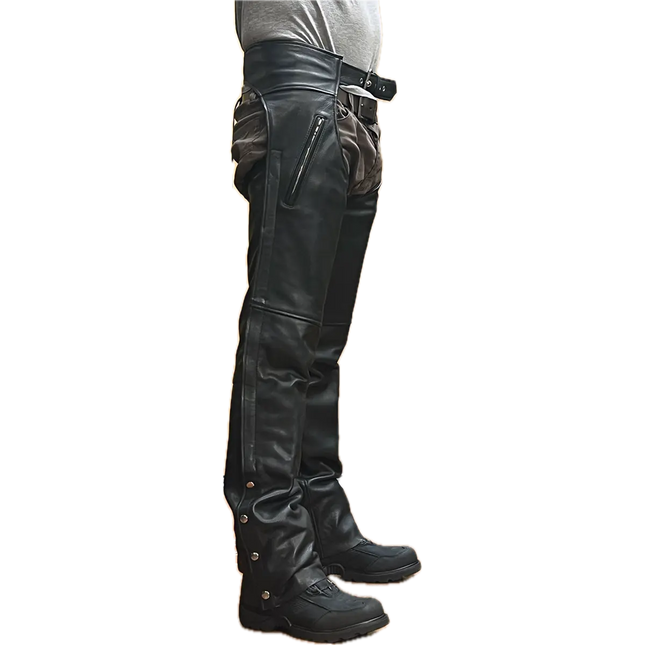 Eagle Leather Brandon Chaps Tall made from 1.1–1.2 mm cowhide with YKK side zippers, four-snap bottom closure, buckle waist, and removable insulated lining.