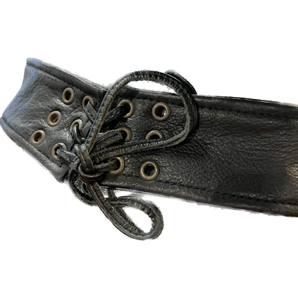 Detail view of Eagle Leather Double Zipper Rally Chaps showing back lacing adjustment for custom fit.