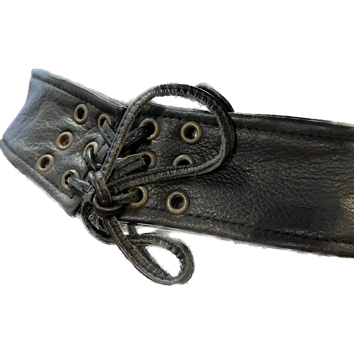 Detail view of Eagle Leather Double Zipper Rally Chaps showing back lacing adjustment for custom fit.